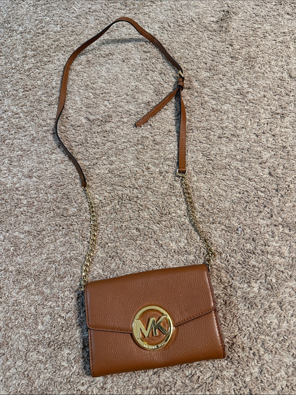 Michael Kors Tan Pebbled Leather Crossbody with Gold MK Emblem